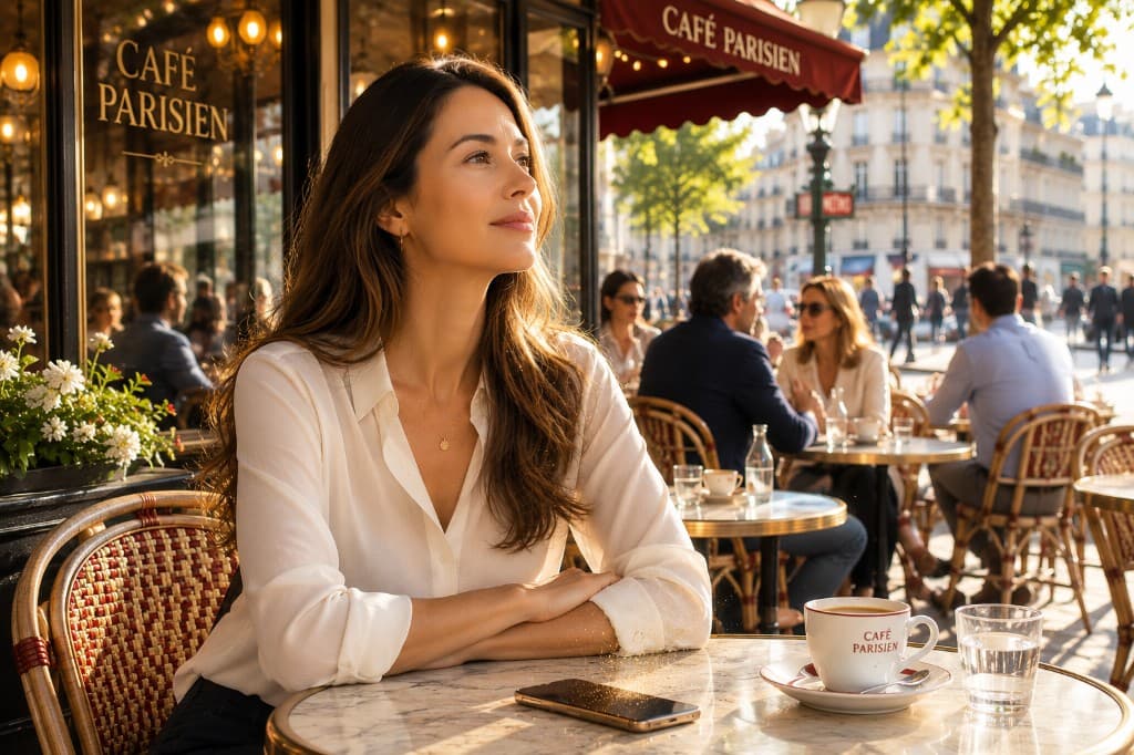 Femme sereine dans un café parisien, un café et son téléphone sur la table