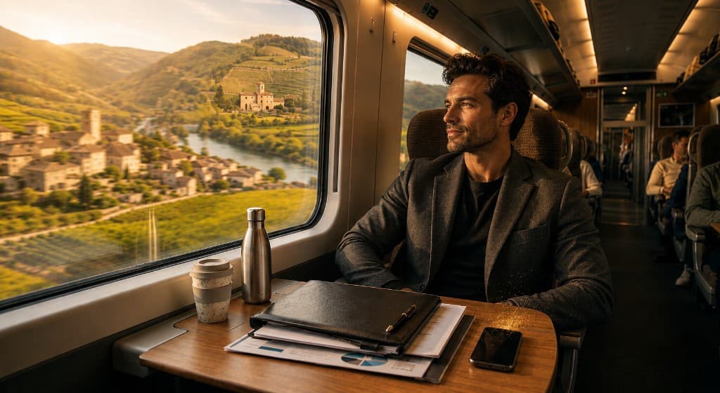 Professionnelle consultant des documents dans un train, le paysage défile à la fenêtre