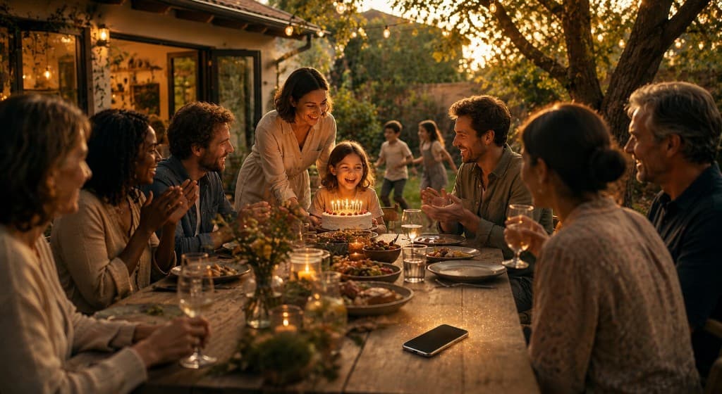 Famille réunie autour d’une table de fête en plein air, une fillette souffle les bougies de son gâteau
