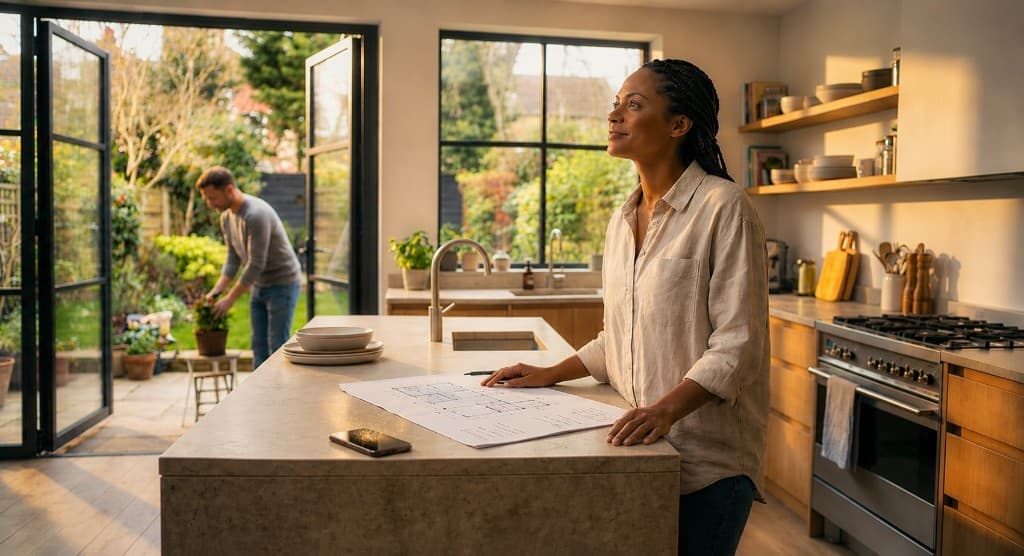 Femme souriante dans une cuisine lumineuse, plans sur le plan de travail, jardin visible à travers la baie vitrée